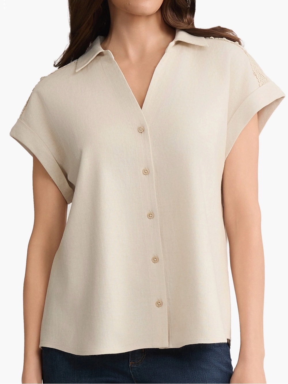Jones New York Lace Detail Linen Blend Button-Up Shirt, Size Medium